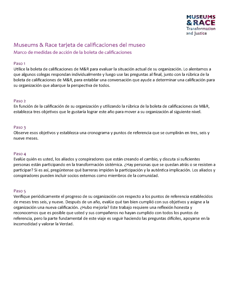 La primera página de "Museums & Race tarjeta de calificaciones" word .docx monstrando "Marco de medidas de acción de la boleta de calificaciones"