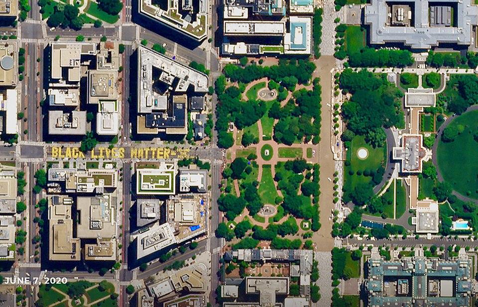 An area view of an 8 block area of DC. "Black Lives Matter" is written in yellow on the central street on the left half. Lafayette Square is in the center and the White House is on the right.